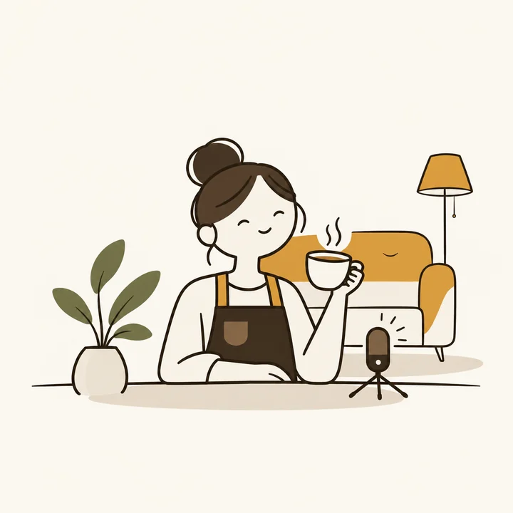 Illustration: a barista with a coffee next to a small microphone