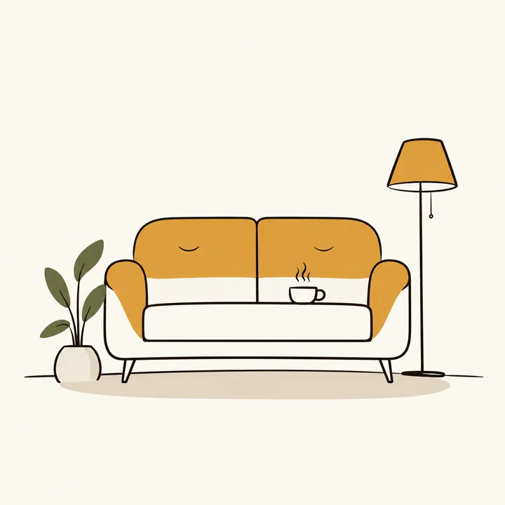 Illustration: a mustard sofa with a steaming cup on the seat, a floor lamp and a potted plant